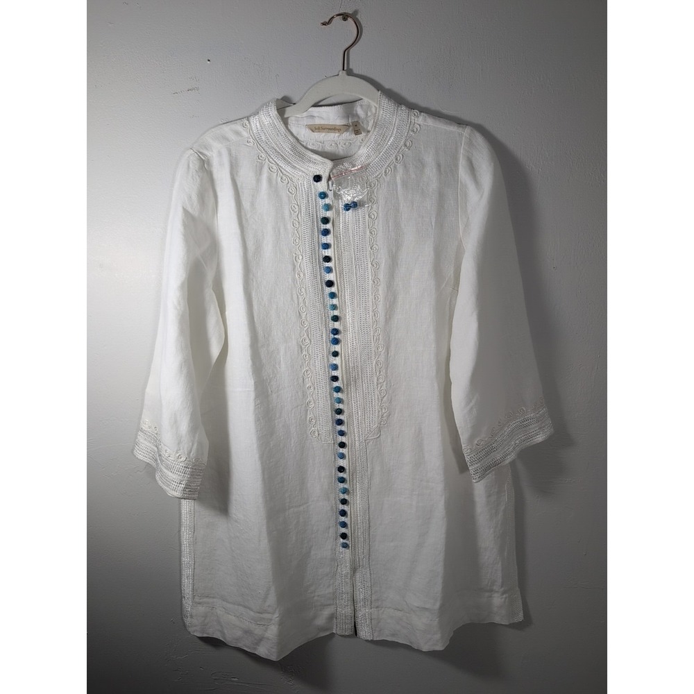 Soft Surroundings Moroccan Style Linen White Embroidered Full Zip Tunic. Size M